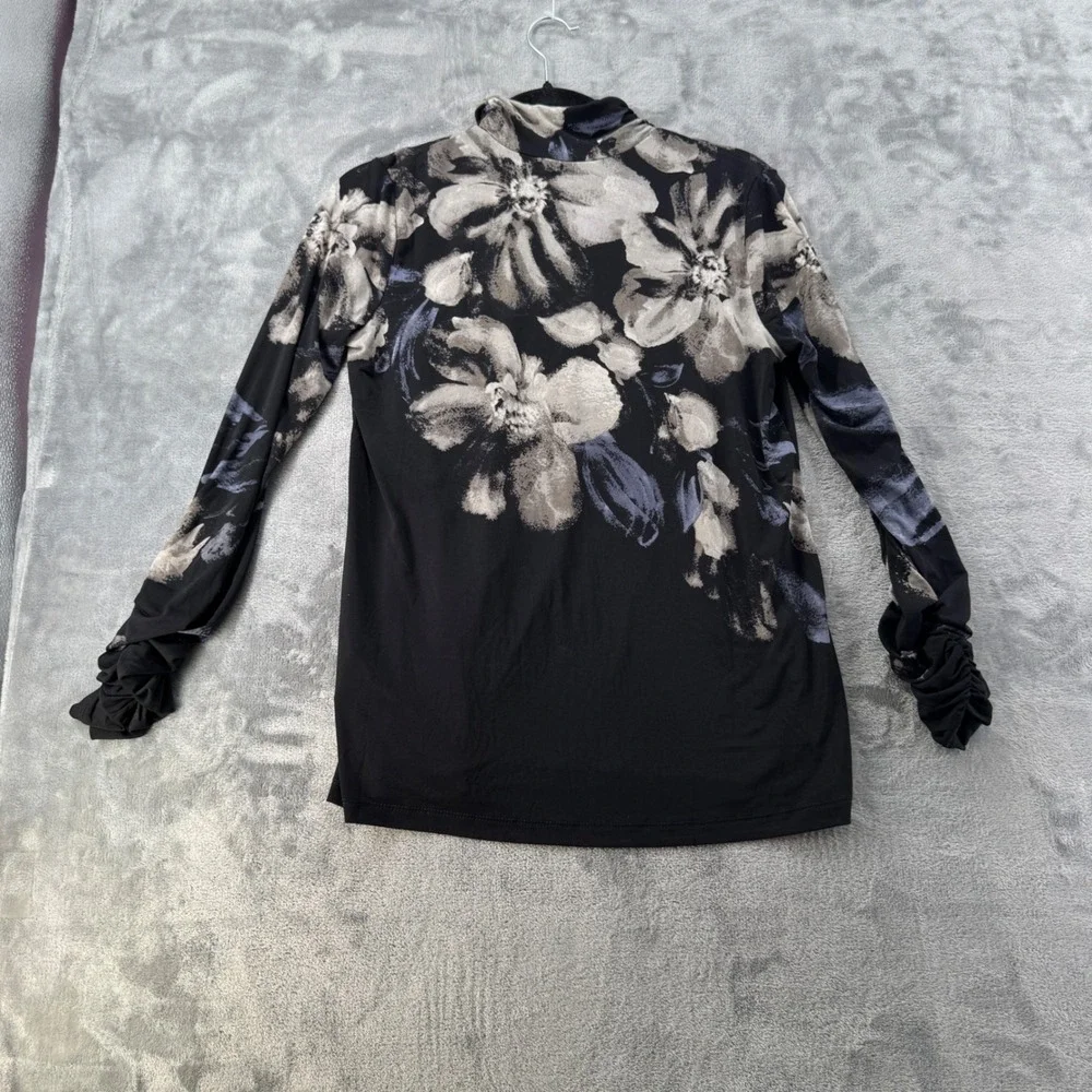Susan Graver Mens Black Grey Floral Mock Neck Ruched Sleeve‎ Top XSP